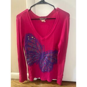 VTG Op Ocean Pacific Butterfly Thermal Shirt Pink Waffle Knit Y2K Grunge XL
